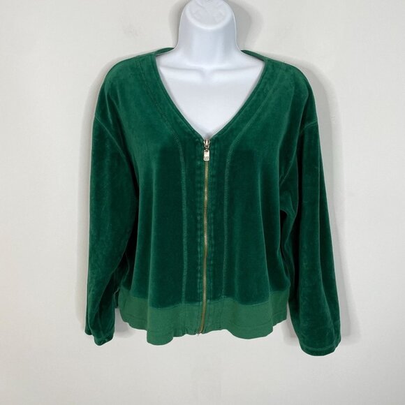 Vintage Jackets & Blazers - Vintage Y2K Womens VELOUR Jacket Sz LP Dark Green FULL ZIP Long‎ Sleeve Holiday